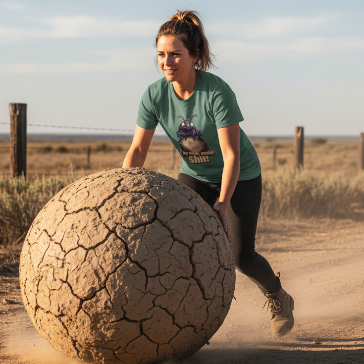 Woman wearing a dung beetle tee pushing a large cracked stone ball in an open field