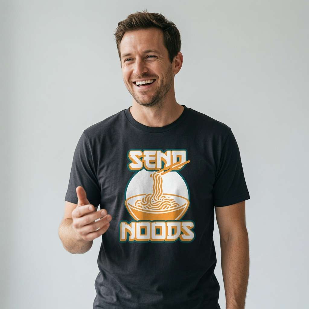 Man smiling and giving a thumbs up in a black Send Noods t-shirt with the full noodle graphic, funny noodle design full of pure attitude