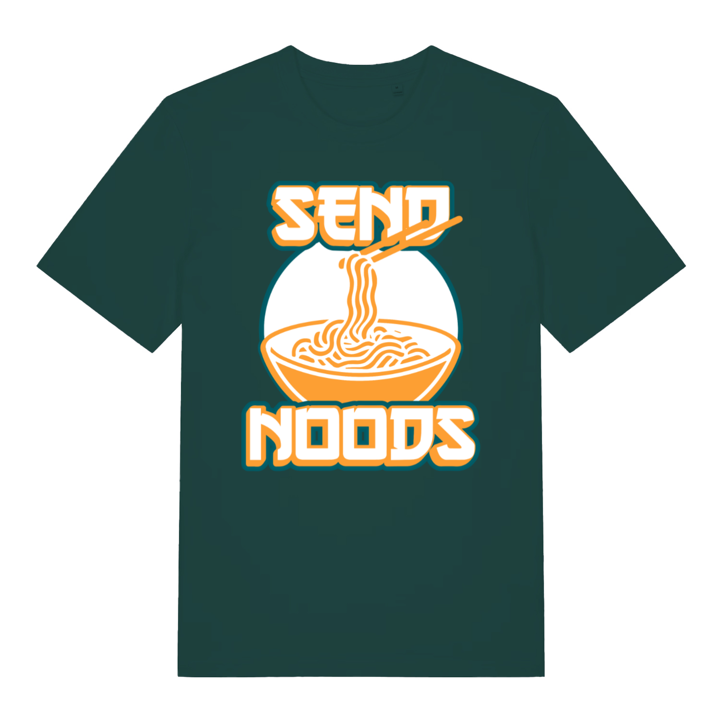 Glazed green Send Noods funny graphic t-shirt with bold ramen bowl text  
