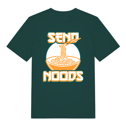 Glazed green Send Noods funny graphic t-shirt with bold ramen bowl text  