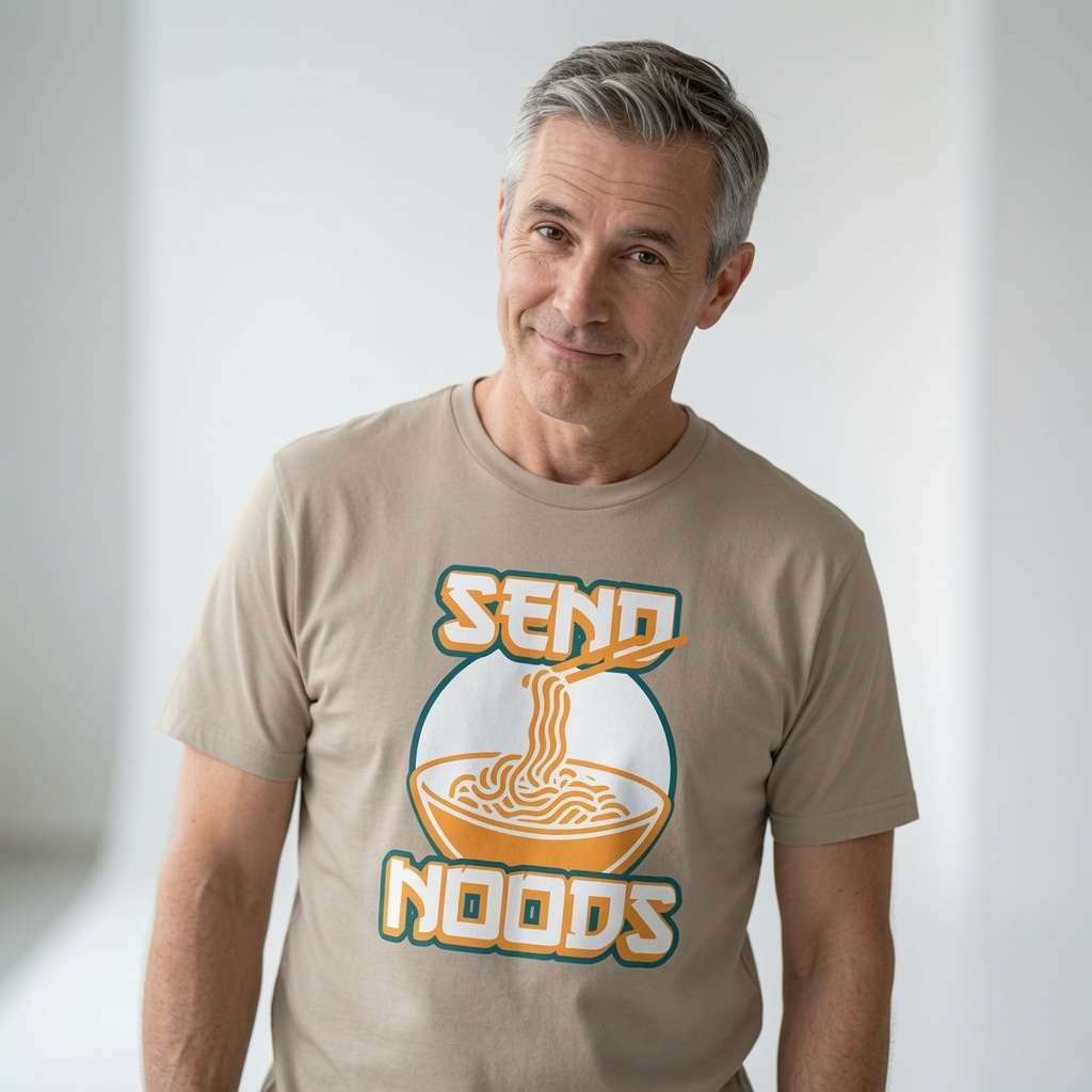 Grey-haired man smiling while wearing a stone Send Noods t-shirt featuring a steaming bowl of ramen, funny and witty ramen design