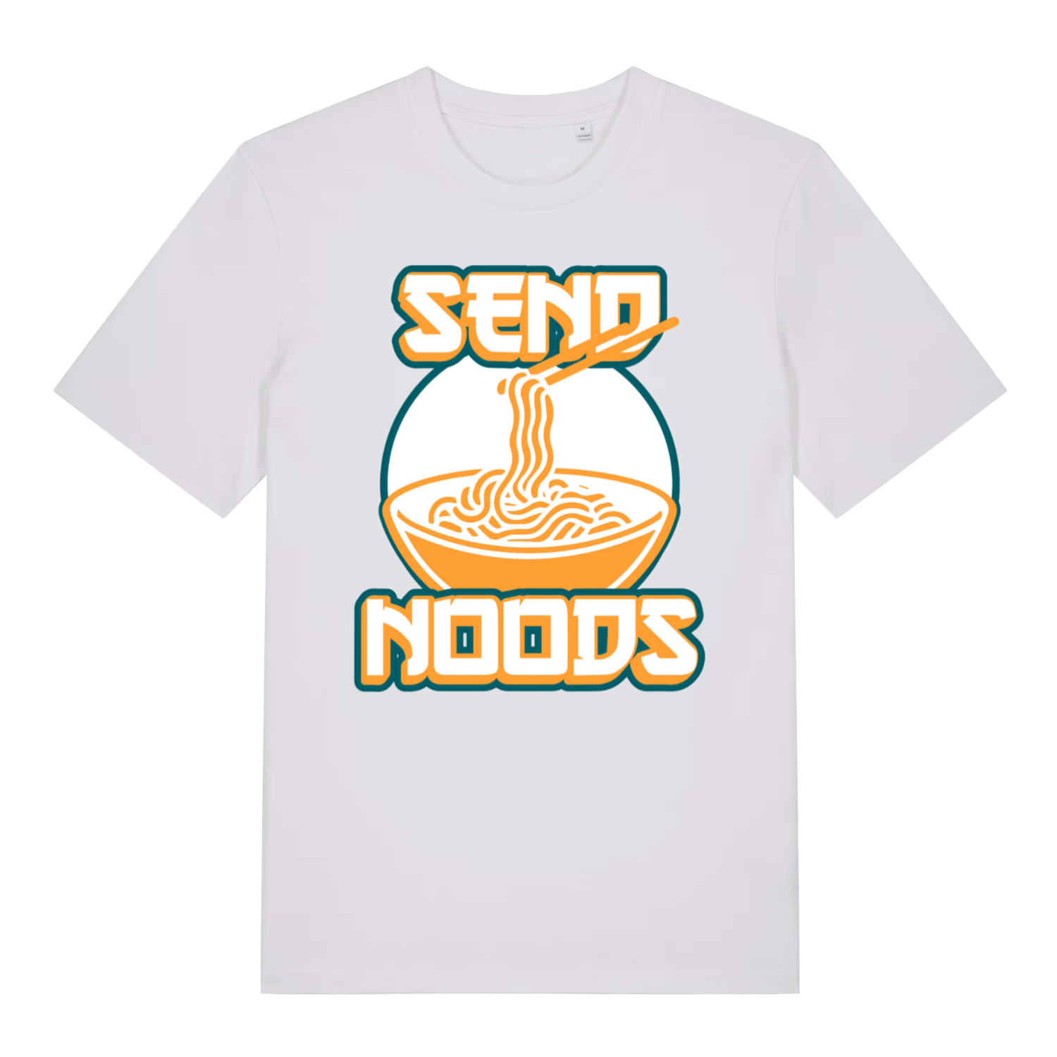 White Send Noods funny graphic t-shirt with witty ramen lettering  