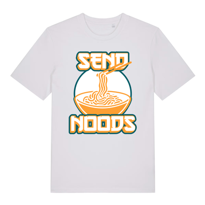 White Send Noods funny graphic t-shirt with witty ramen lettering  