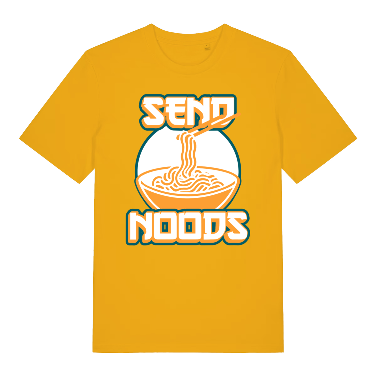 Yellow Send Noods funny graphic t-shirt with bold noodle bowl design  
