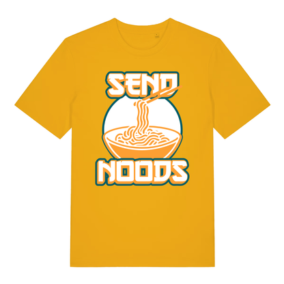 Yellow Send Noods funny graphic t-shirt with bold noodle bowl design  