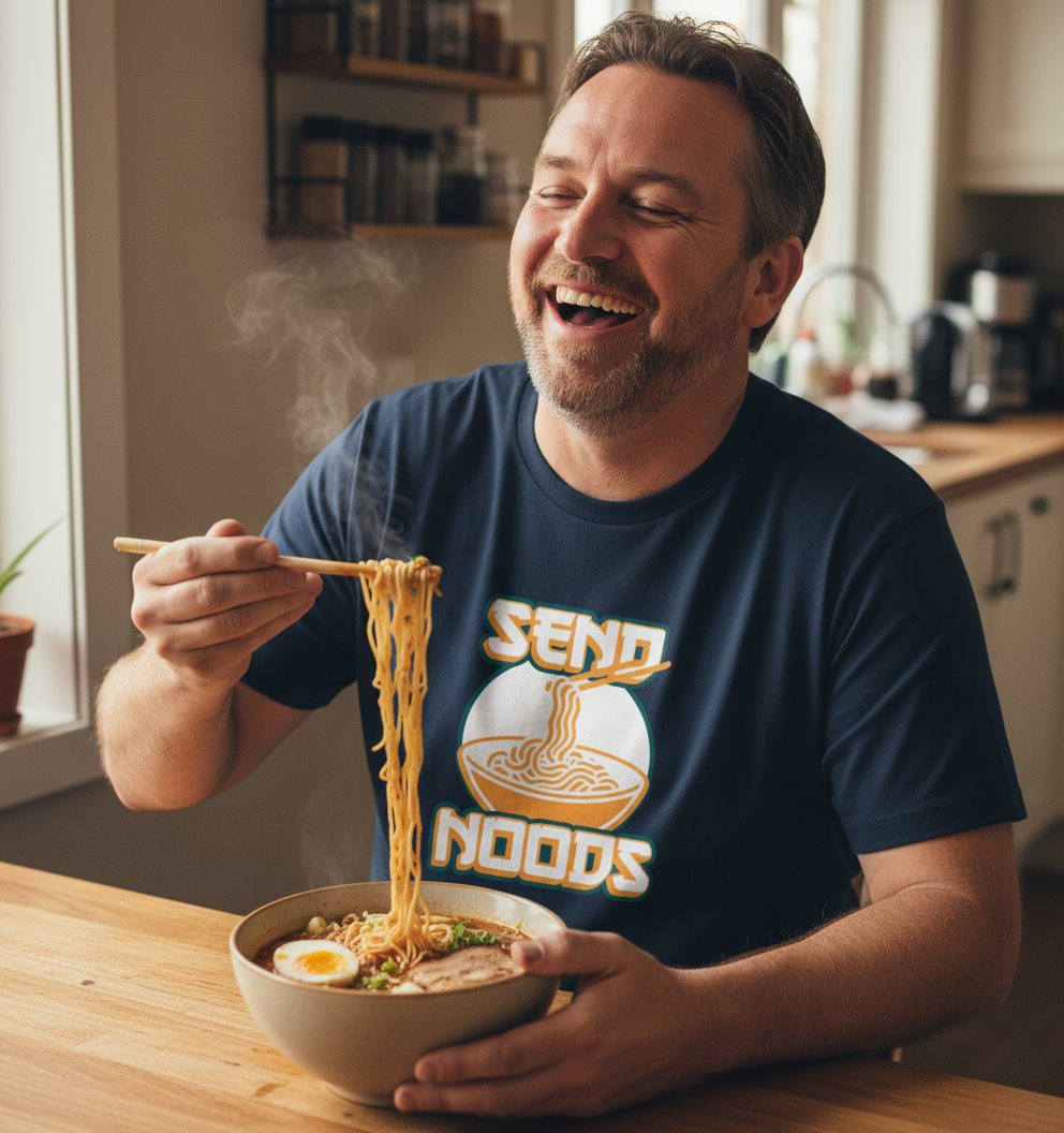 Man eating noodles from a bowl with a 'SEND NOODS' graphic t-shirt in a kitchen.