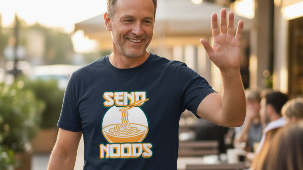 Man wearing a funny graphic t-shirt with 'Send Noods' design, waving outdoors.
