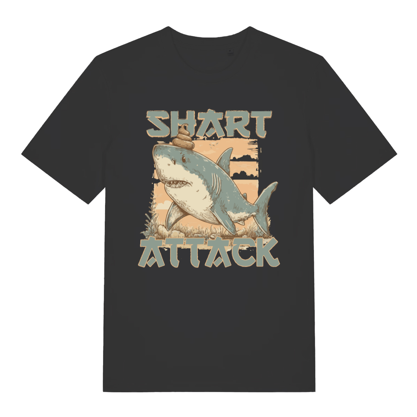 Black Shart Attack funny graphic t-shirt with shark and poop on head design  