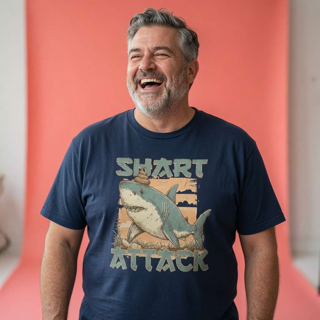 Man laughing while wearing a navy Shart Attack t-shirt, funny mens shark pun graphic design full of pure attitude