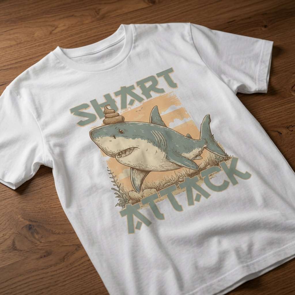 White Shart Attack t-shirt laid flat on a wooden surface showing the full shark graphic, funny and witty animal design that every cheeky lad will claim