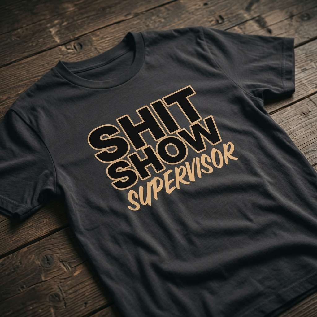 Black Shit Show Supervisor t-shirt laid flat on a wooden surface with bold outlined text, funny ladies relatable slogan design
