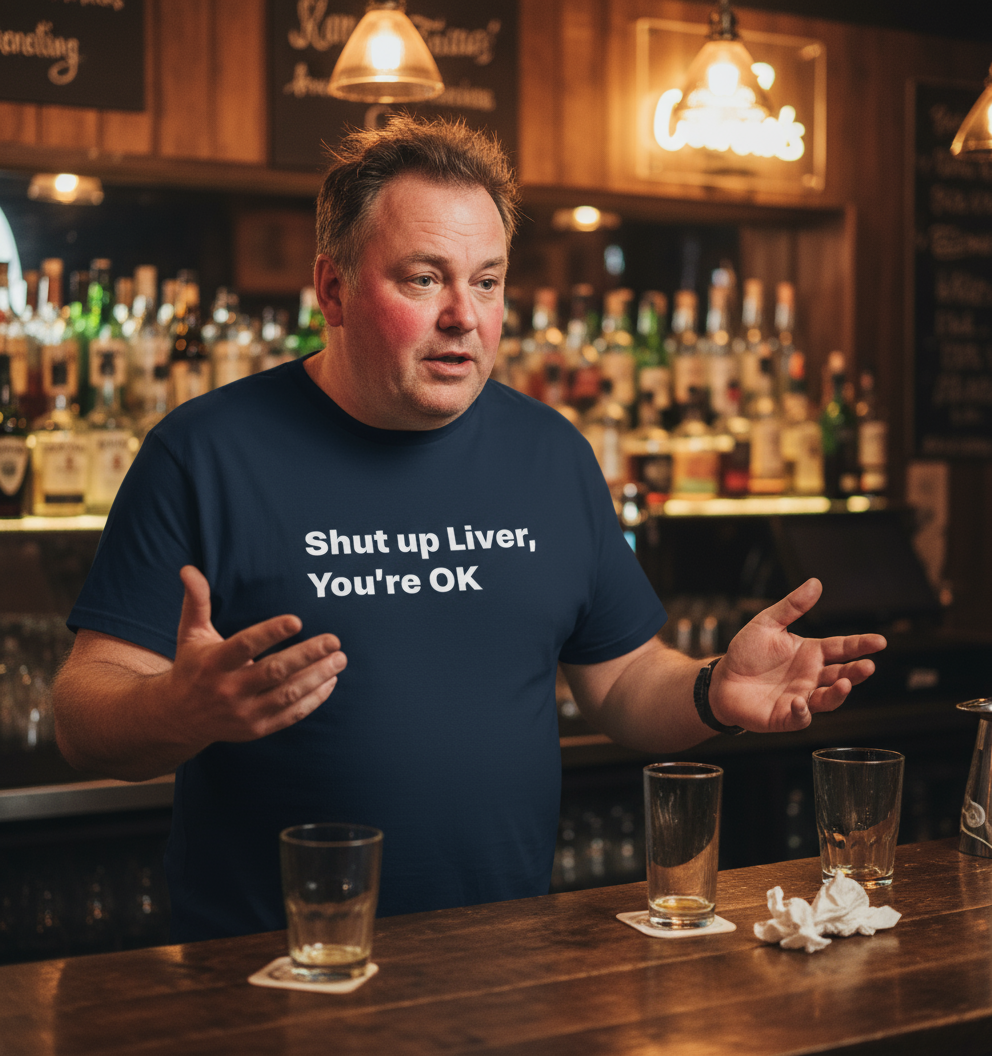 Man in a bar wearing a funny slogan shirt with a humorous message, surrounded by drinks and bottles.