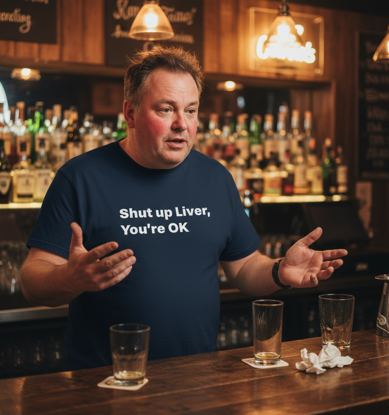 Man in a bar wearing a funny slogan shirt with a humorous message, surrounded by drinks and bottles.