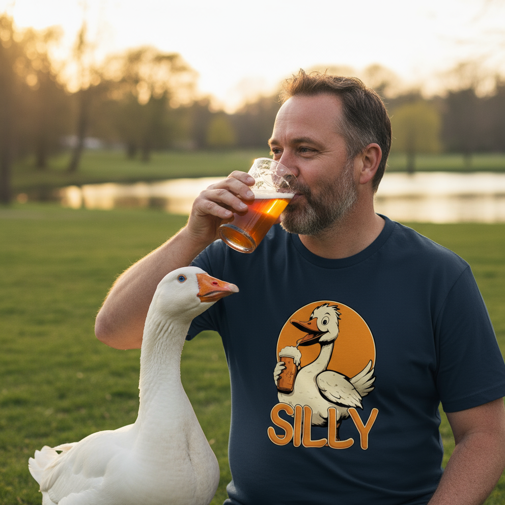 Man drinking beer with a goose next to him, wearing a t-shirt with a goose graphic and 'SILLY' text.