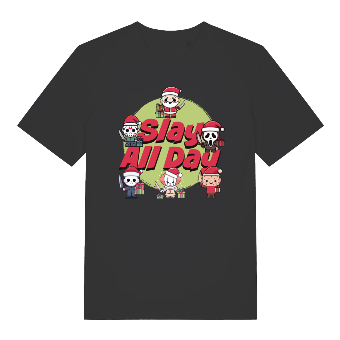 Black Spay All Day funny horror Christmas t-shirt with chibi killer icons design  
