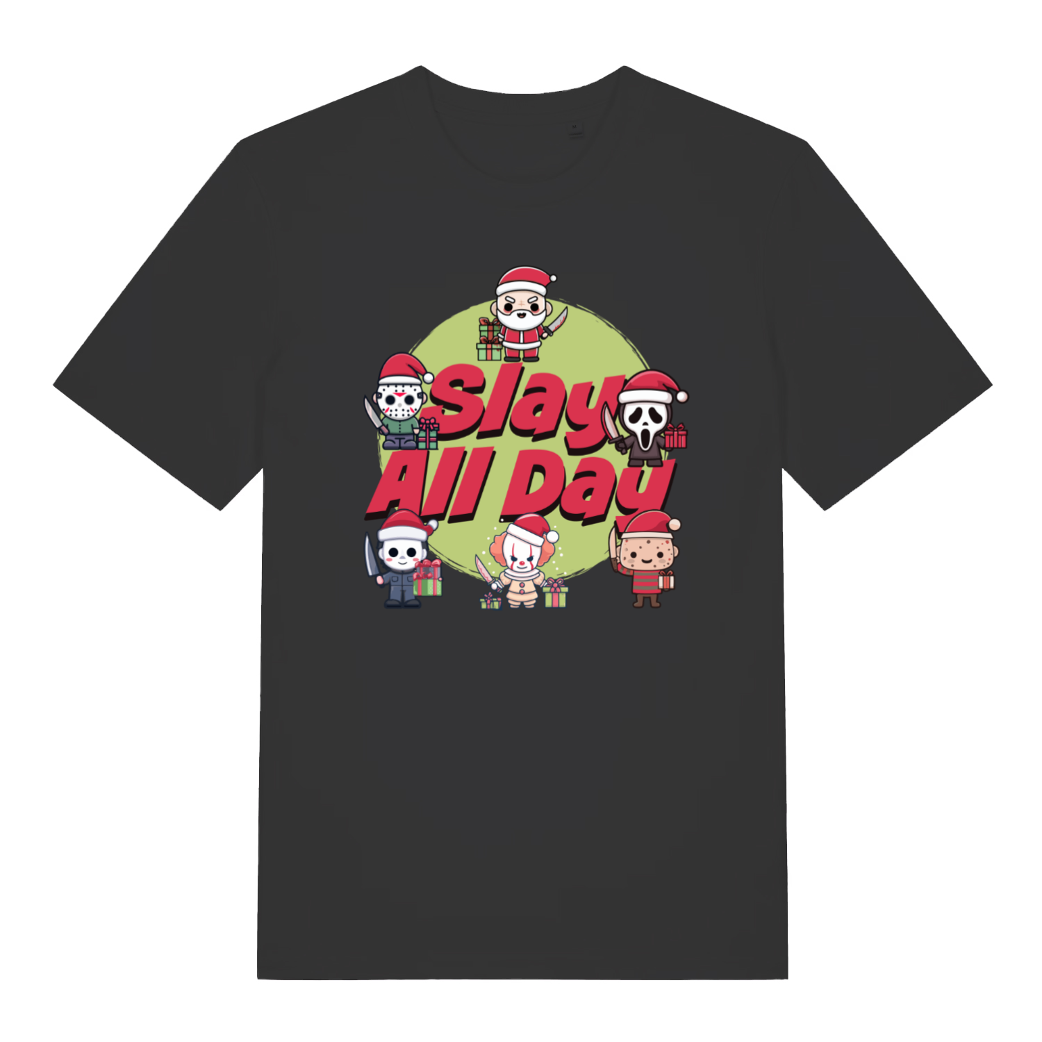 Black Spay All Day funny horror Christmas t-shirt with chibi killer icons design  