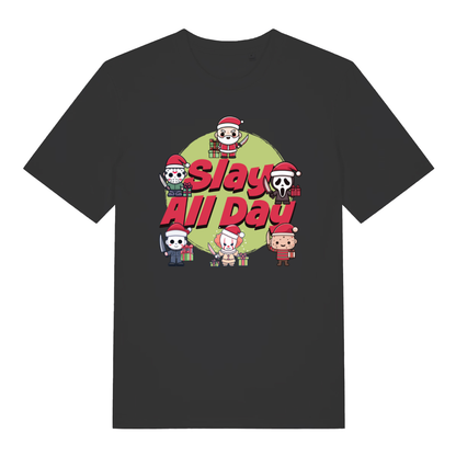 Black Spay All Day funny horror Christmas t-shirt with chibi killer icons design  
