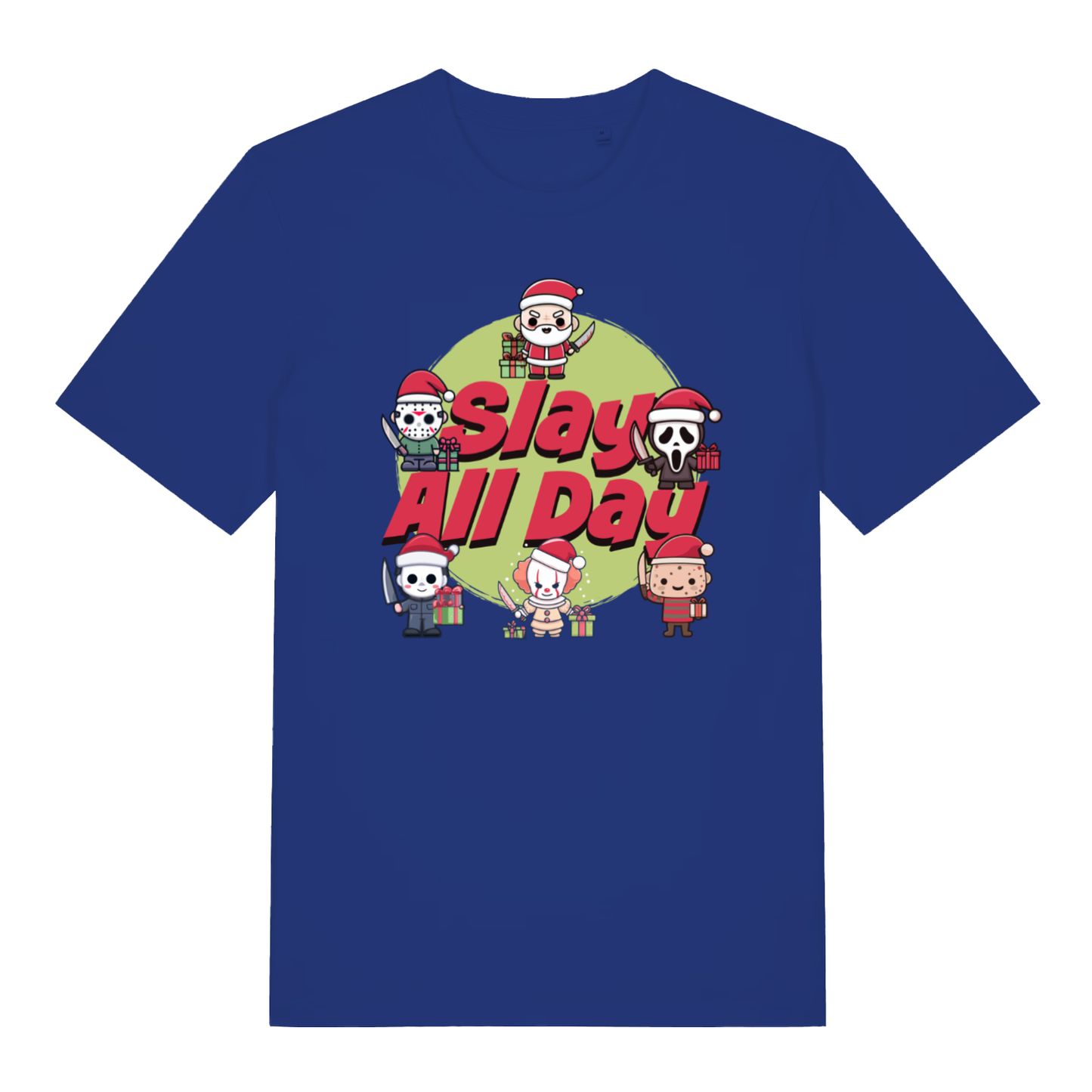 Blue Slay All Day funny horror Christmas t-shirt featuring alternative Xmas graphic  