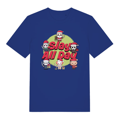 Blue Slay All Day funny horror Christmas t-shirt featuring alternative Xmas graphic  