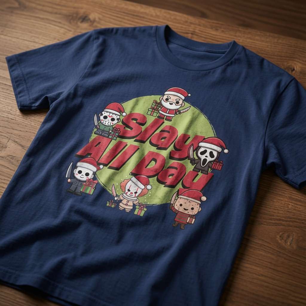 Blue Slay All Day t-shirt laid flat on a wooden surface showing every little horror character, mens alt horror xmas design that every festive film fan will claim