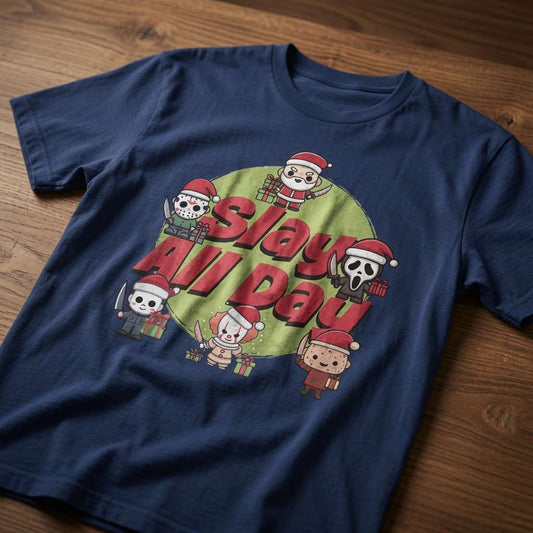 Blue Slay All Day t-shirt laid flat on a wooden surface showing every little horror character, mens alt horror xmas design that every festive film fan will claim