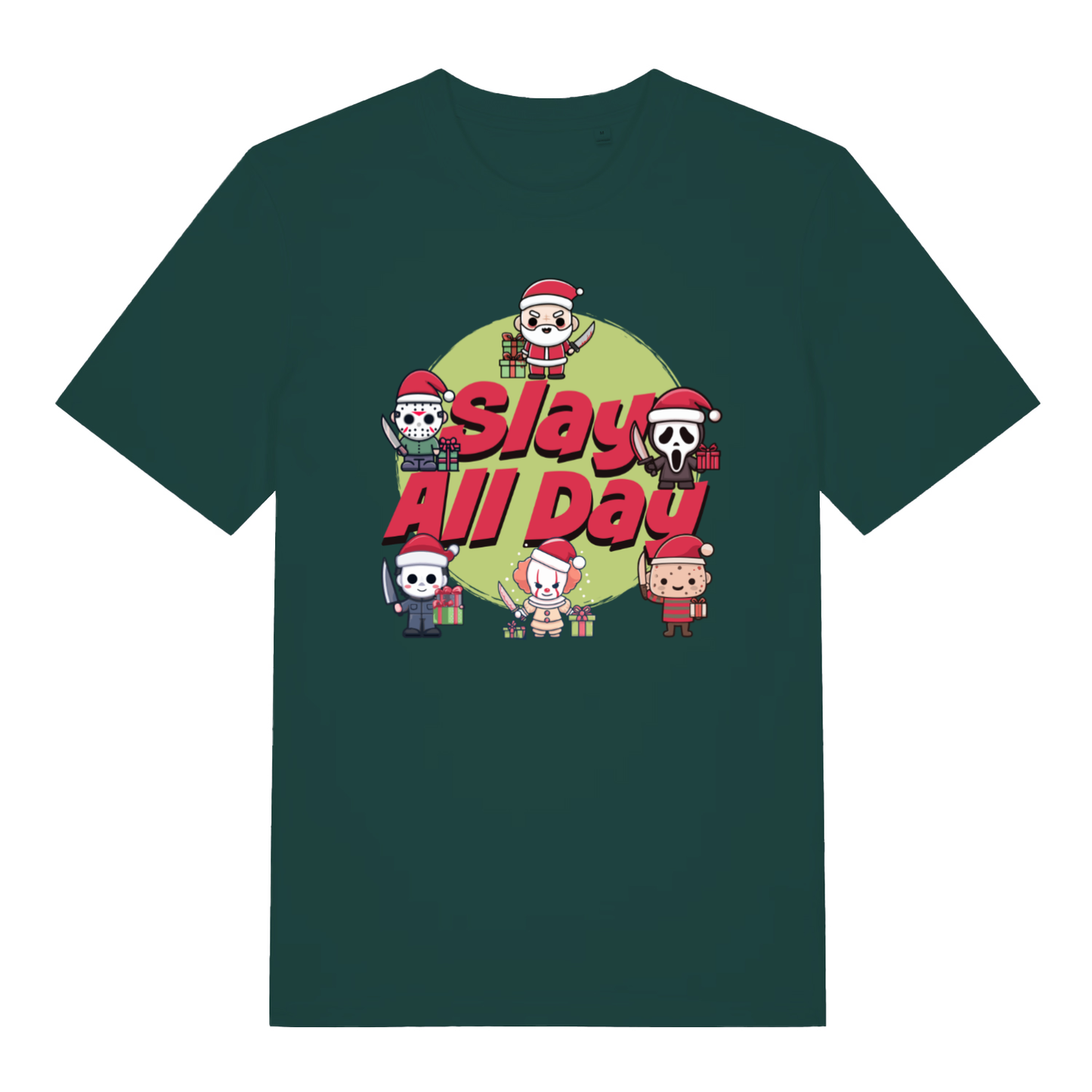 Glazed green Slay All Day funny horror Christmas t-shirt with classic slay all day lettering  