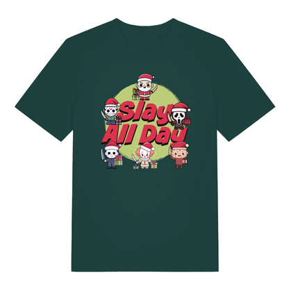 Glazed green Slay All Day funny horror Christmas t-shirt with classic slay all day lettering  