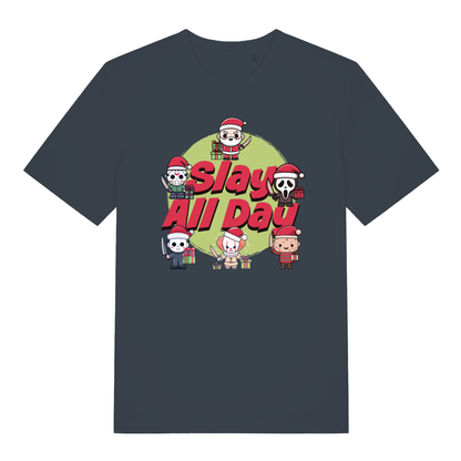 Ink grey Slay All Day funny horror Christmas t-shirt showing witty festive horror print  