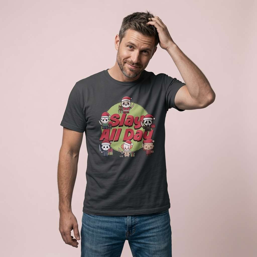 Man running a hand through his hair in an ink grey Slay All Day t-shirt with the full festive horror crew, mens alt Christmas design full of pure attitude