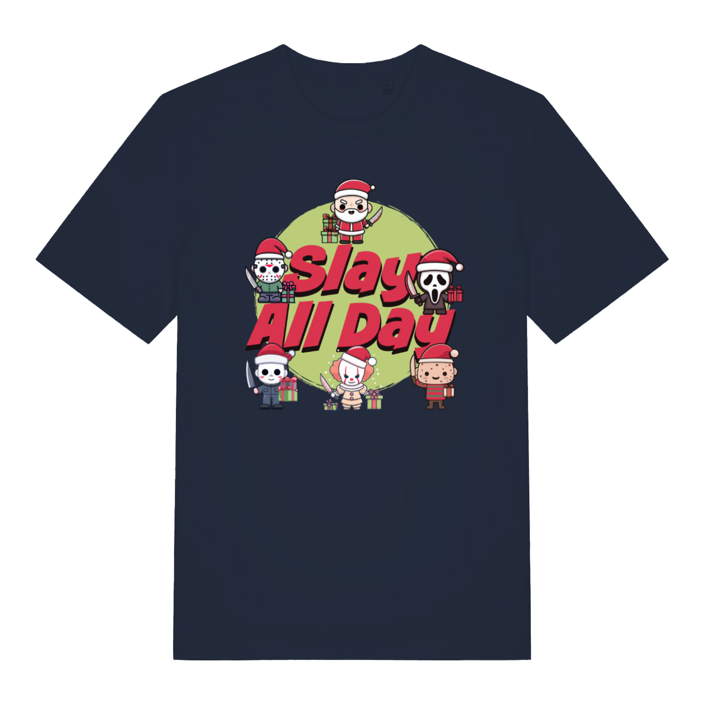 Navy Slay All Day funny horror Christmas t-shirt with bold horror Christmas design  