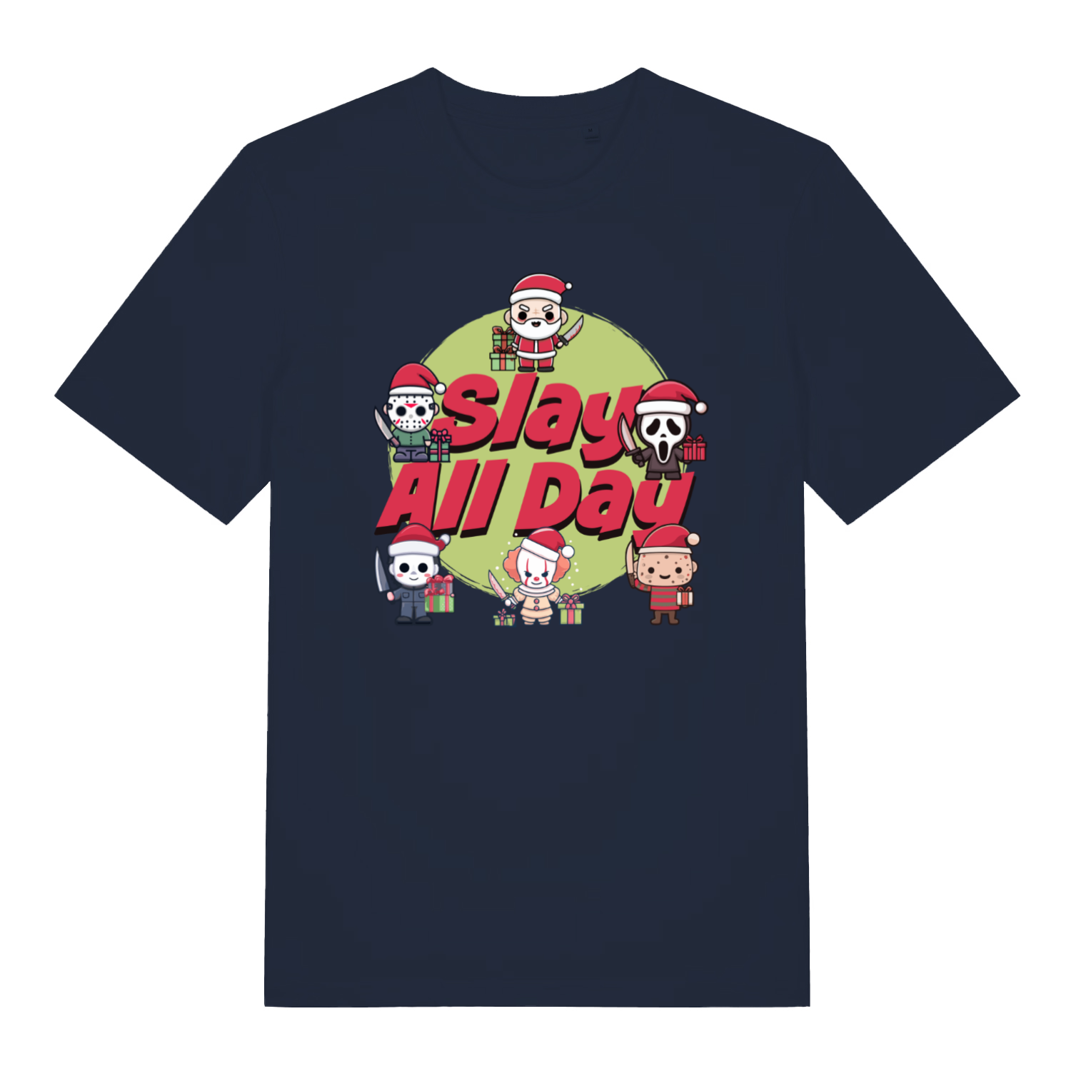 Navy Slay All Day funny horror Christmas t-shirt with bold horror Christmas design  