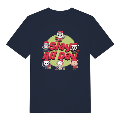 Navy Slay All Day funny horror Christmas t-shirt with bold horror Christmas design  