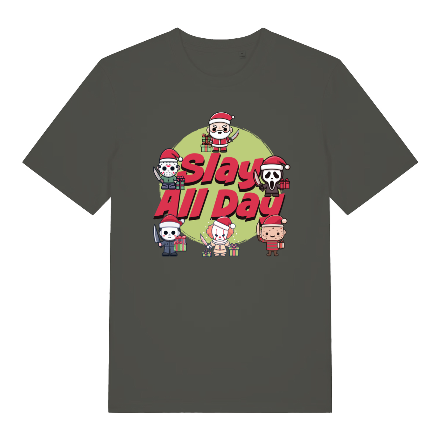 Khaki Slay All Day funny horror Christmas t-shirt featuring ultimate alternative Xmas graphic  