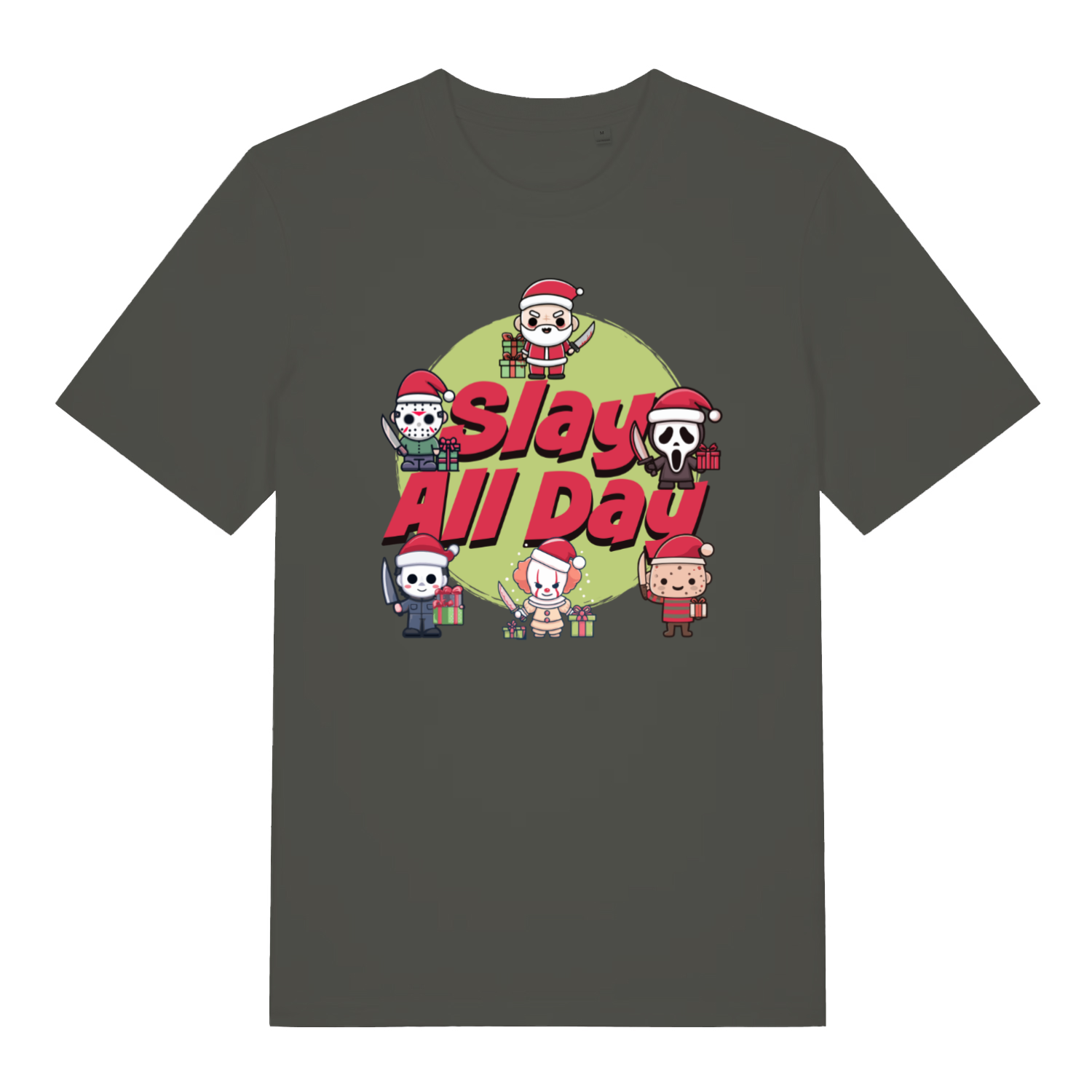 Khaki Slay All Day funny horror Christmas t-shirt featuring ultimate alternative Xmas graphic  