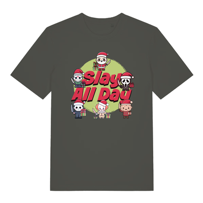 Khaki Slay All Day funny horror Christmas t-shirt featuring ultimate alternative Xmas graphic  