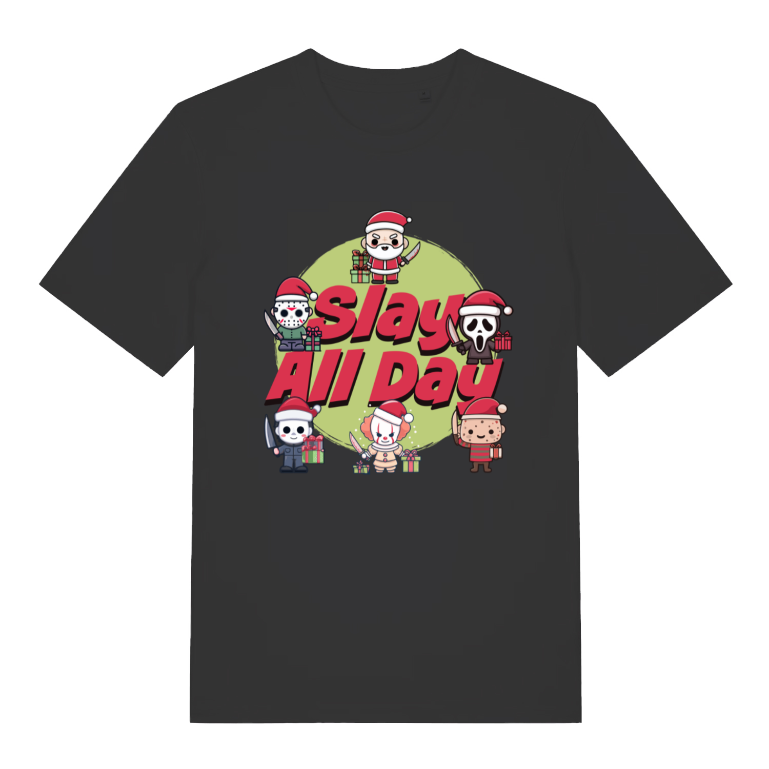 Black Slay All Day funny horror Christmas t-shirt with chibi killer icons design  