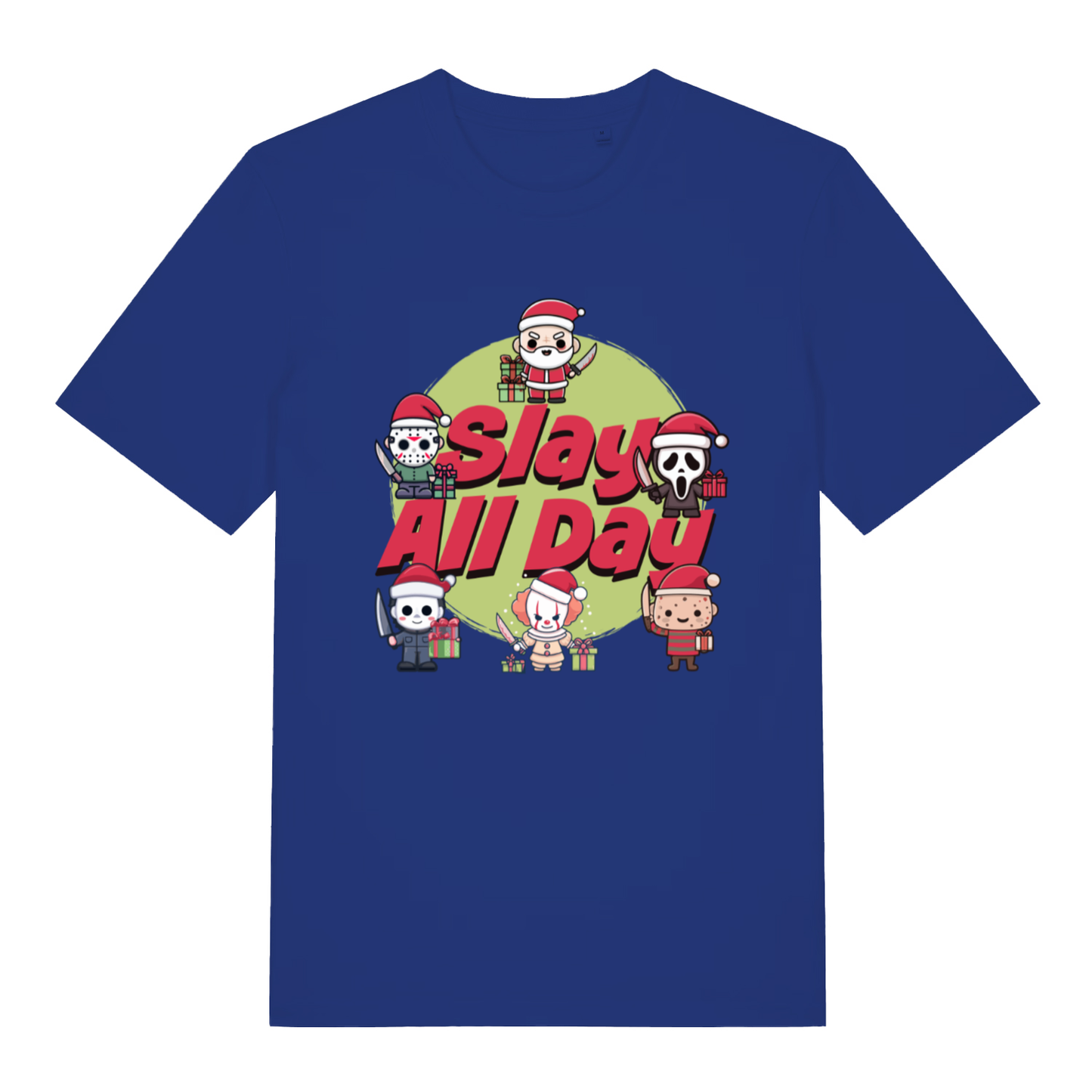 Blue Slay All Day funny horror Christmas t-shirt featuring alternative Xmas graphic  