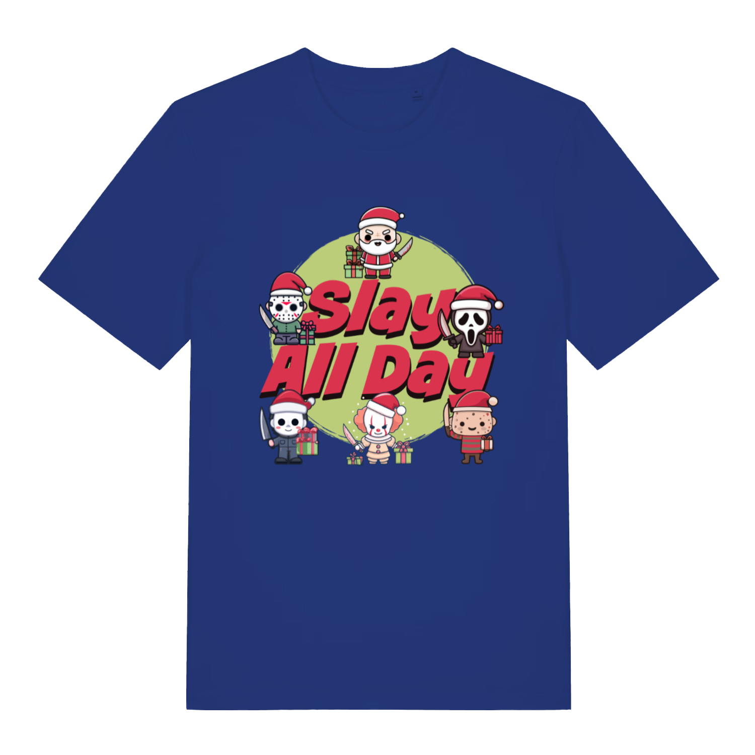 Blue Slay All Day funny horror Christmas t-shirt featuring alternative Xmas graphic  