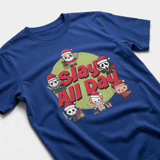 Blue Slay All Day t-shirt laid flat showing the full festive horror crew, ladies alternative festive design