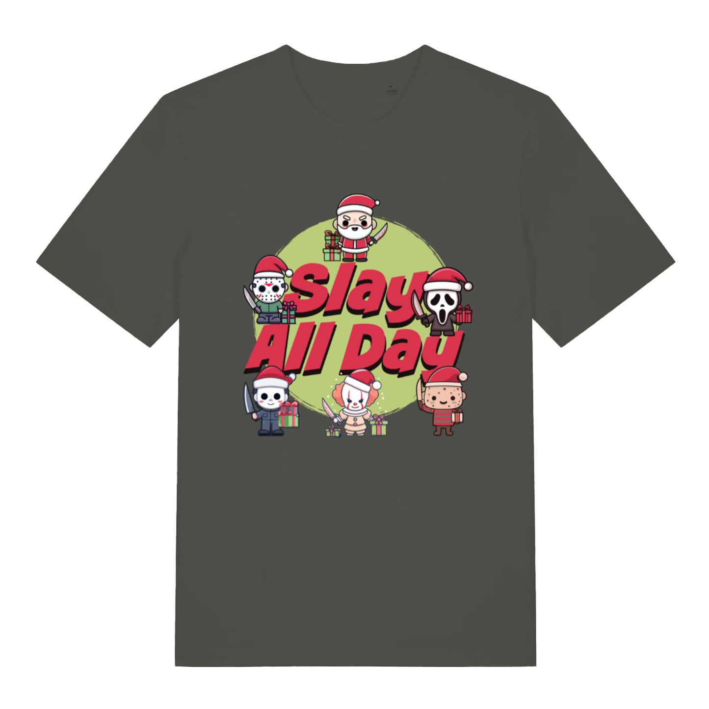 Khaki Slay All Day funny horror Christmas t-shirt with classic slay all day lettering  
