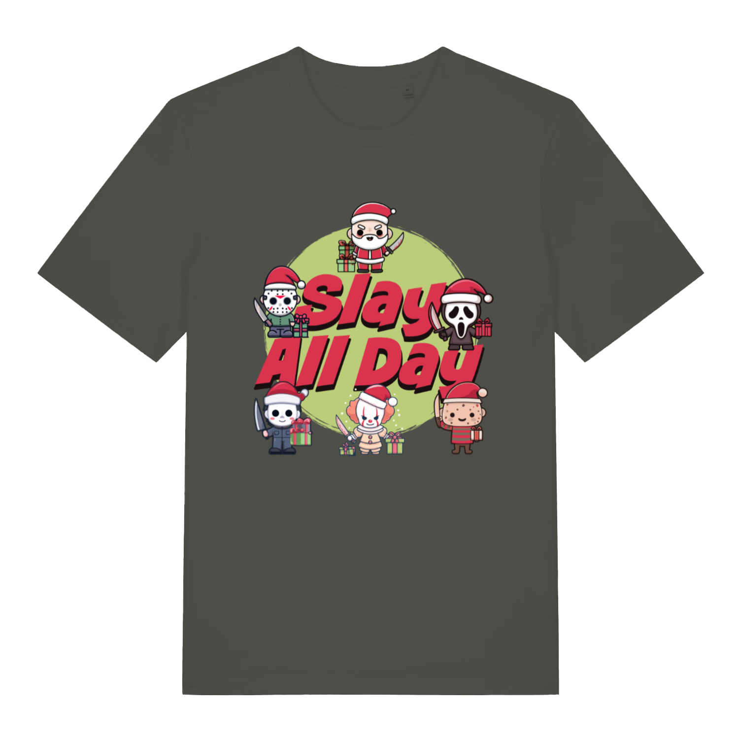 Khaki Slay All Day funny horror Christmas t-shirt with classic slay all day lettering  