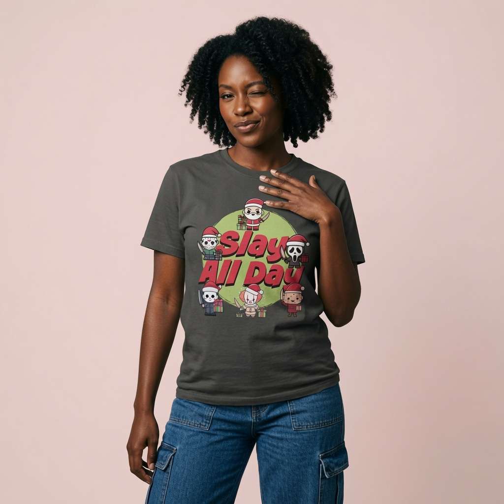 Woman resting a hand on her chest in a khaki Slay All Day t-shirt, ladies alt xmas gift full of pure attitude that every horror film fan will claim