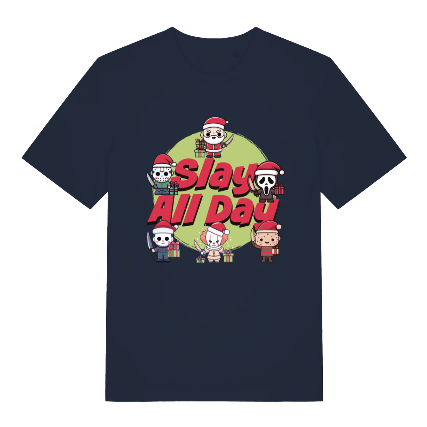 Navy Slay All Day funny horror Christmas t-shirt showing witty festive horror print  