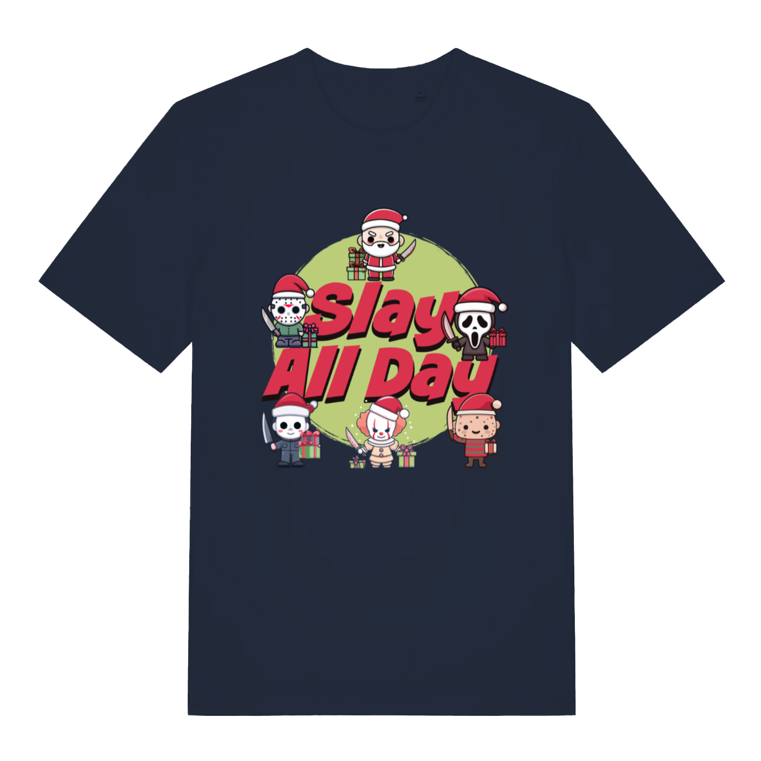 Navy Slay All Day funny horror Christmas t-shirt showing witty festive horror print  
