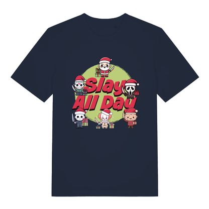Navy Slay All Day funny horror Christmas t-shirt showing witty festive horror print  