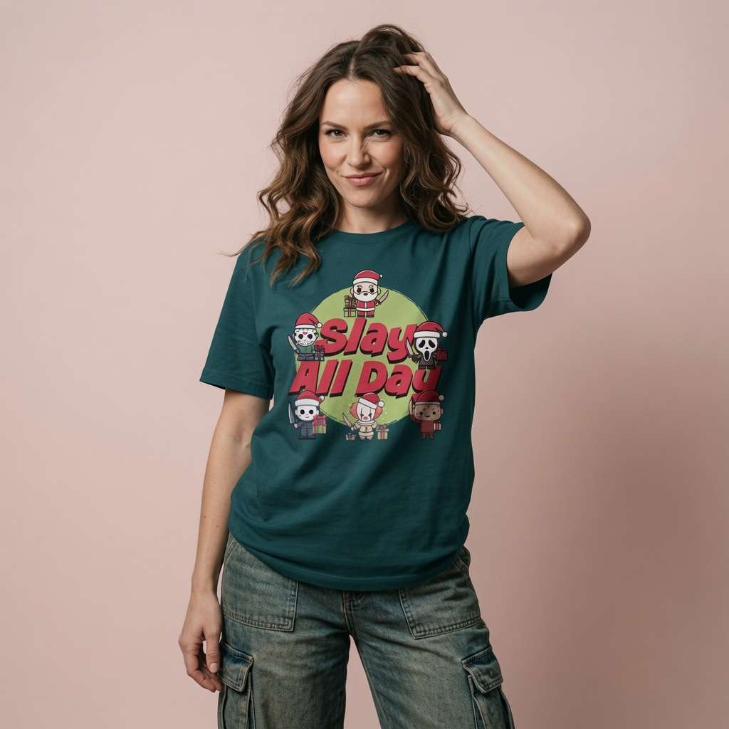 Woman running a hand through her hair while wearing a stargazer Slay All Day t-shirt featuring cute horror icons in Santa hats, alternative ladies xmas party gift