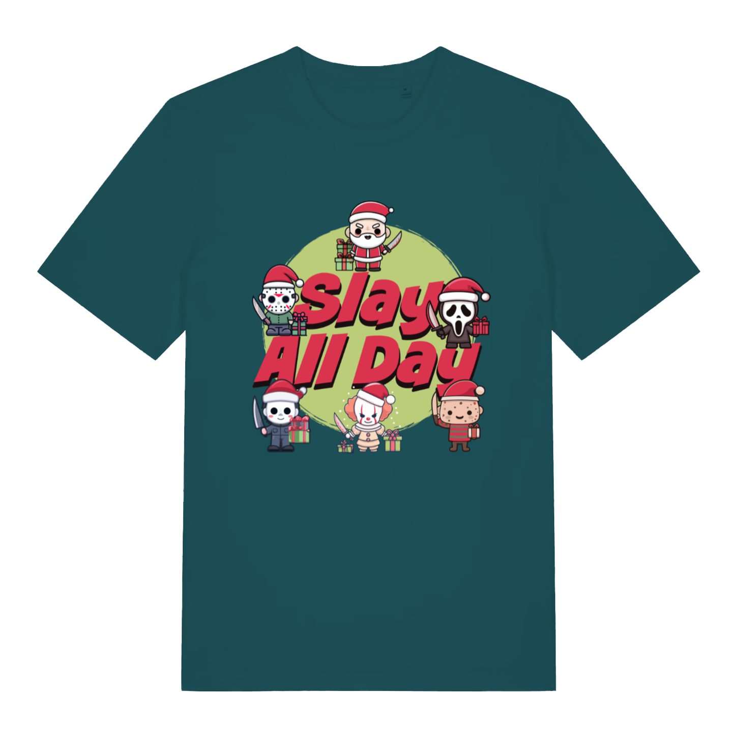 Stargazer Slay All Day funny horror Christmas t-shirt with bold horror Christmas design  