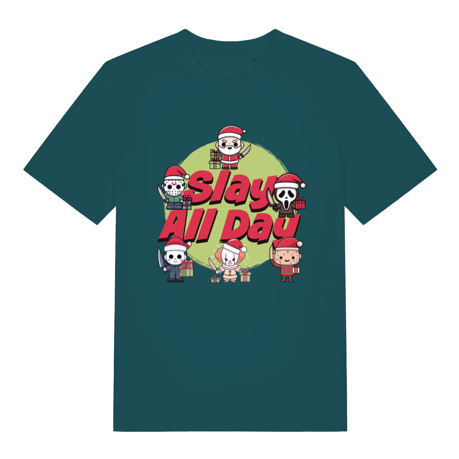 Stargazer Slay All Day funny horror Christmas t-shirt with bold horror Christmas design  