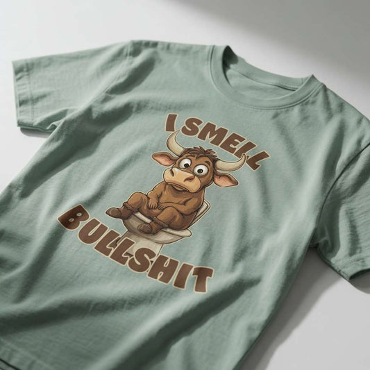Aloe green I Smell Bullshit t-shirt laid flat showing the full toilet-sitting bull graphic, funny and cheeky mens rude bull pun design