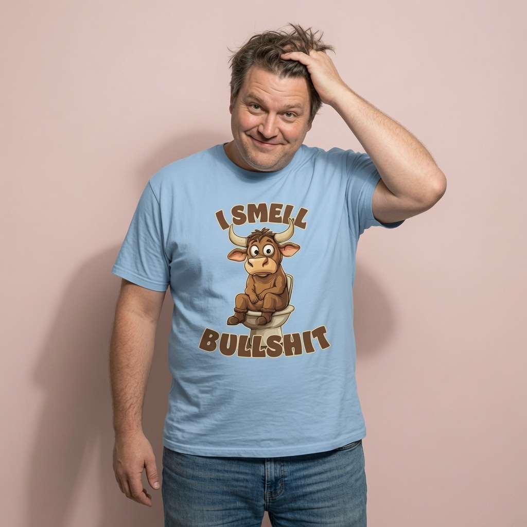 Man scratching his head in a sky blue I Smell Bullshit t-shirt, humorous and witty mens rude bull pun that every no-nonsense lad will claim